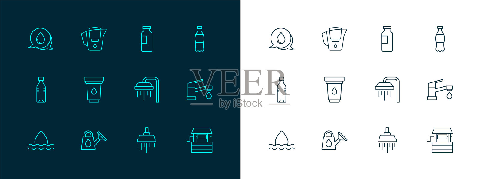 设置线瓶水，洒水罐，淋浴，过滤筒，与语音气泡和水壶图标下降。向量插画图片素材