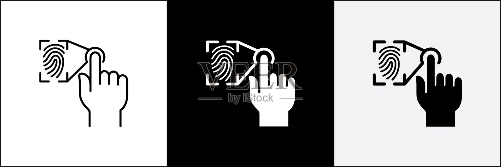 手指触摸屏幕手势图标。指纹和图案锁定或解锁屏幕图标。生物识别传感器标志。矢量股票图标隔离在白色。图形设计按钮模板和插图。插画图片素材