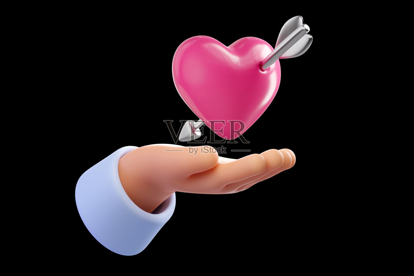 手持粉色光面心形与银箭（黑色背景），爱与坠入爱河的象征照片摄影图片
