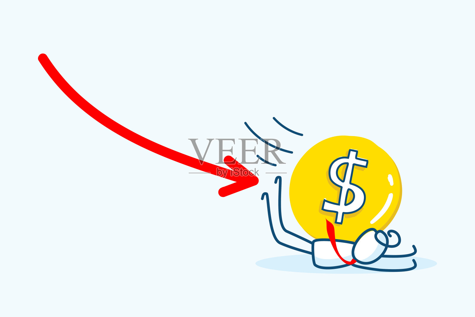 商人简笔画人物由美元硬币和减少箭头图下降。业务失败、投资损失或市场崩溃危机。手绘风格矢量涂鸦插图插画图片素材