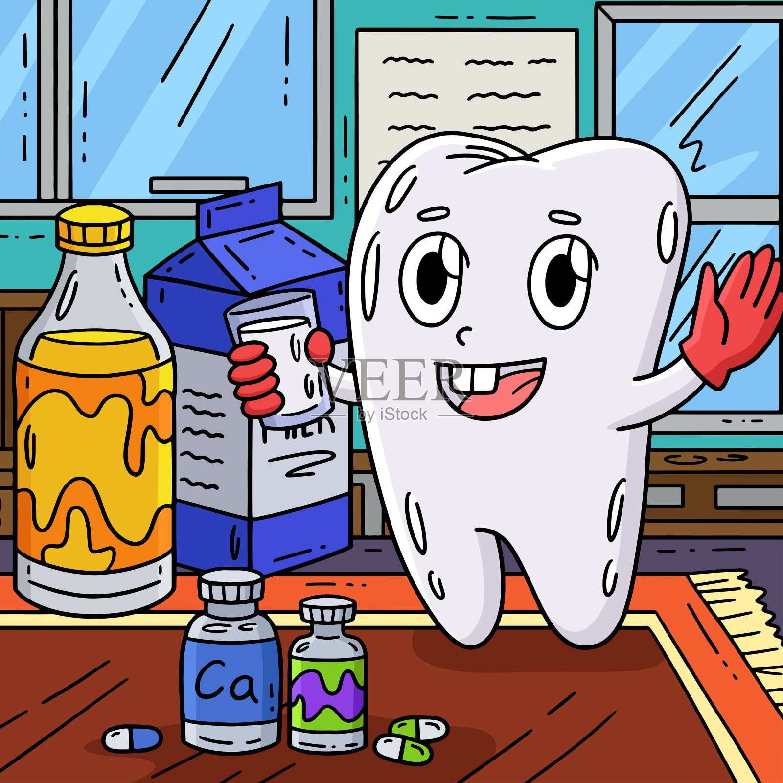 牙齿护理用牛奶和钙着色牙齿插画图片素材