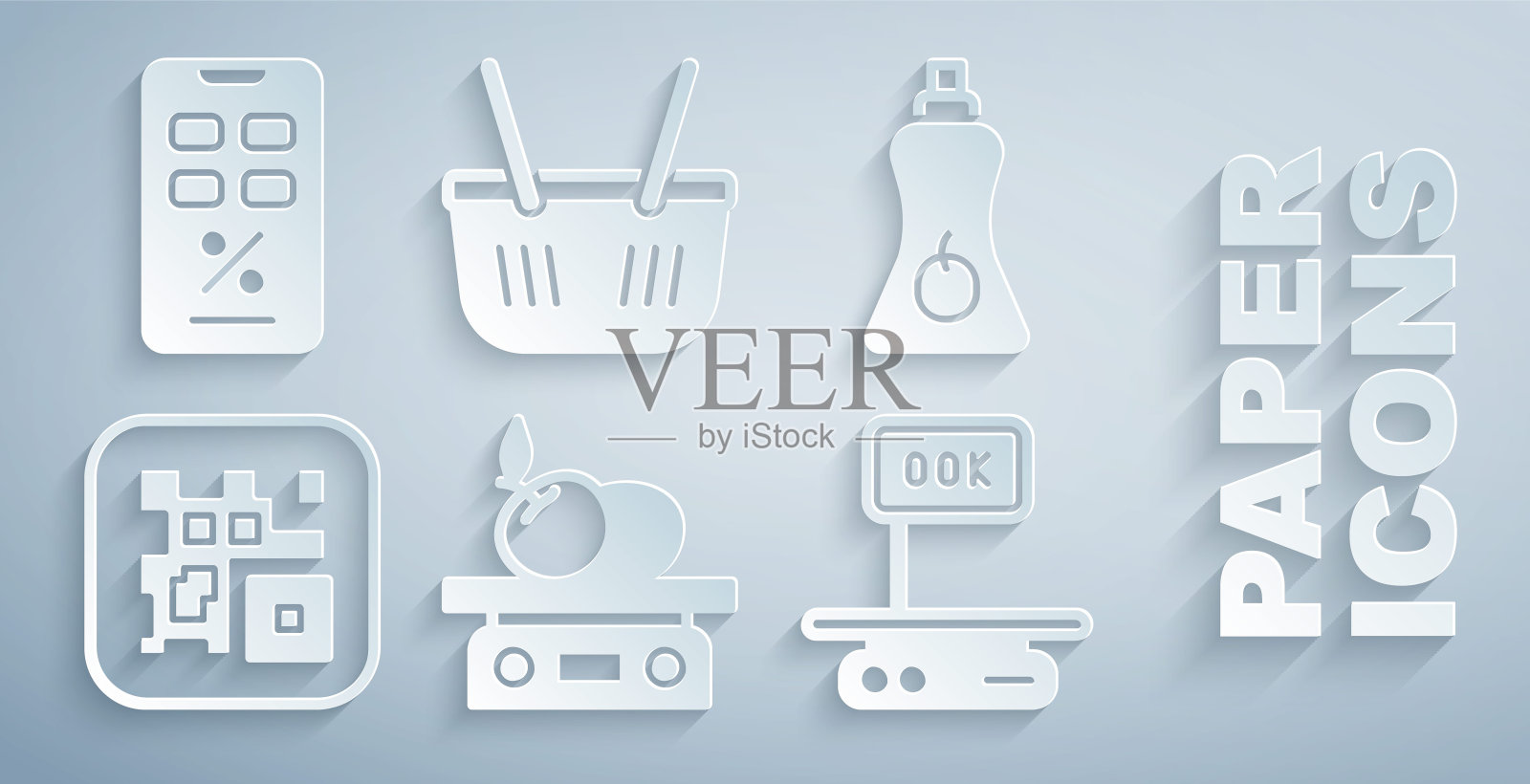 设置产品电子秤、酱瓶电子秤、二维码电子秤、购物篮电子秤、9折及手机图标。向量插画图片素材