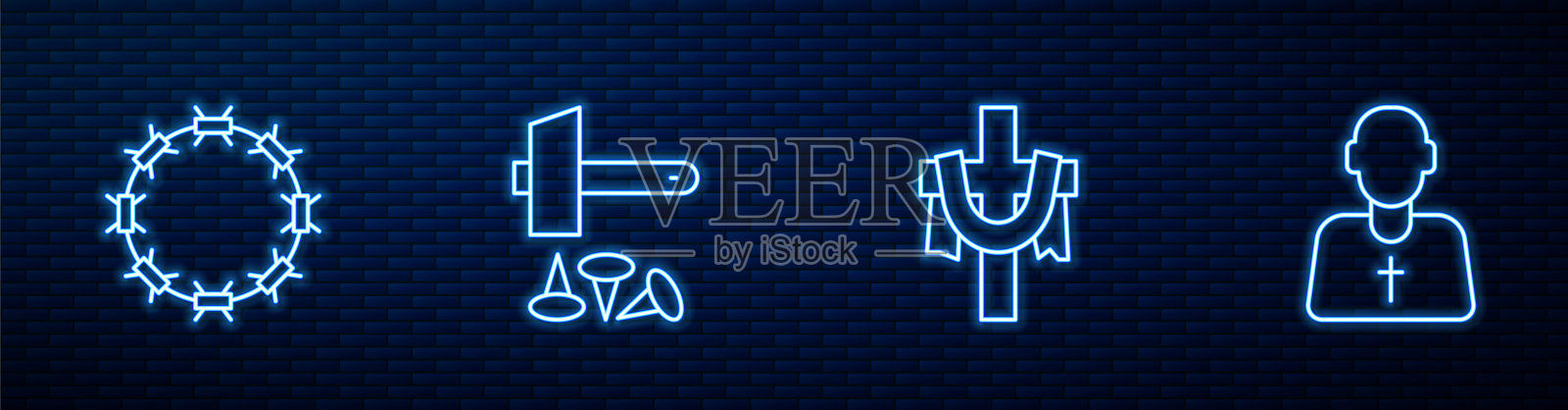 设定基督教十字架，荆棘冠冕，钉十字架耶稣和祭司。砖墙上发光的霓虹灯图标。向量插画图片素材