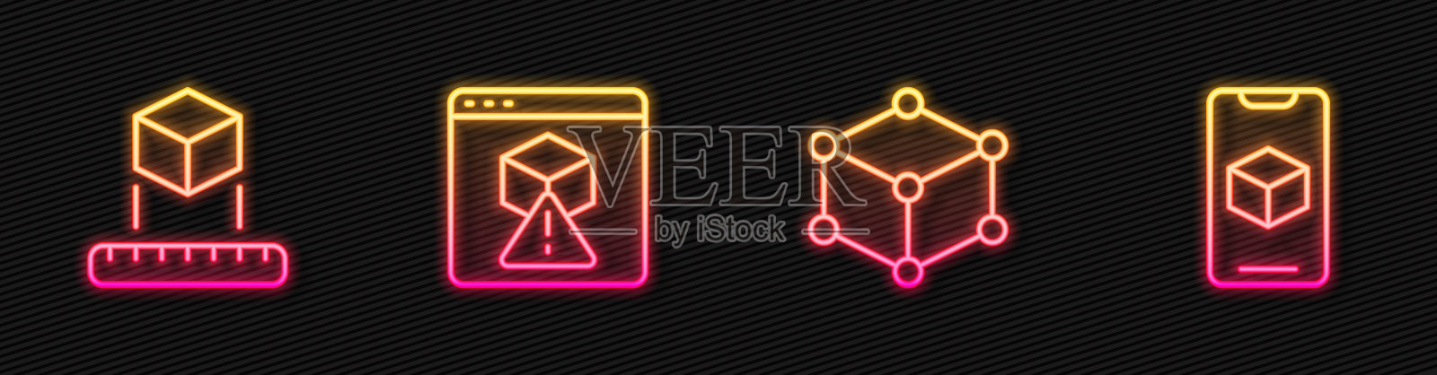 设置线等距立方体，3D打印机和软件。发光的霓虹灯图标。向量插画图片素材