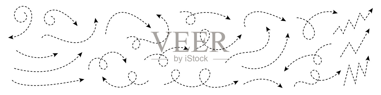 曲线虚线箭头。带虚线的锯齿形箭头条纹设计。插画图片素材