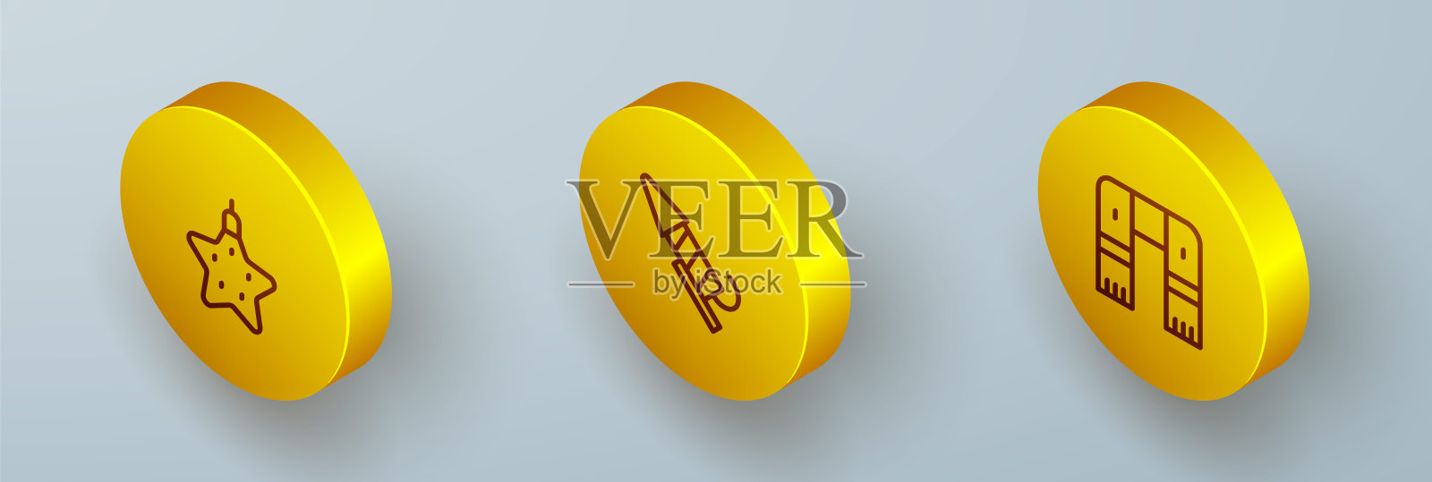 集等距线圣诞星，烟花火箭和冬季围巾图标。向量插画图片素材