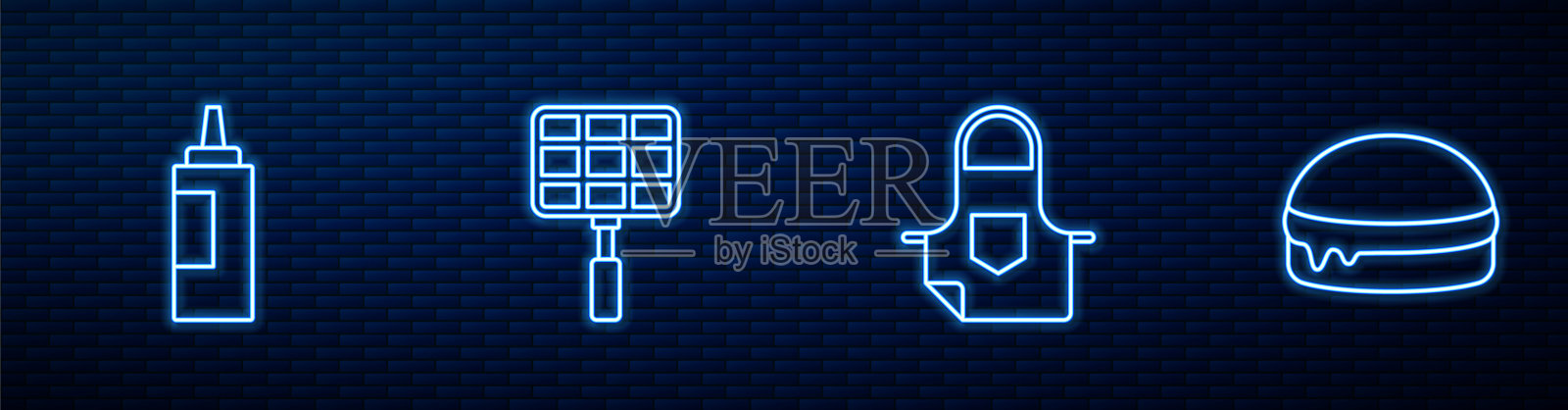 集厨房围裙，酱汁瓶，烧烤钢架和汉堡为一体。砖墙上发光的霓虹灯图标。向量插画图片素材