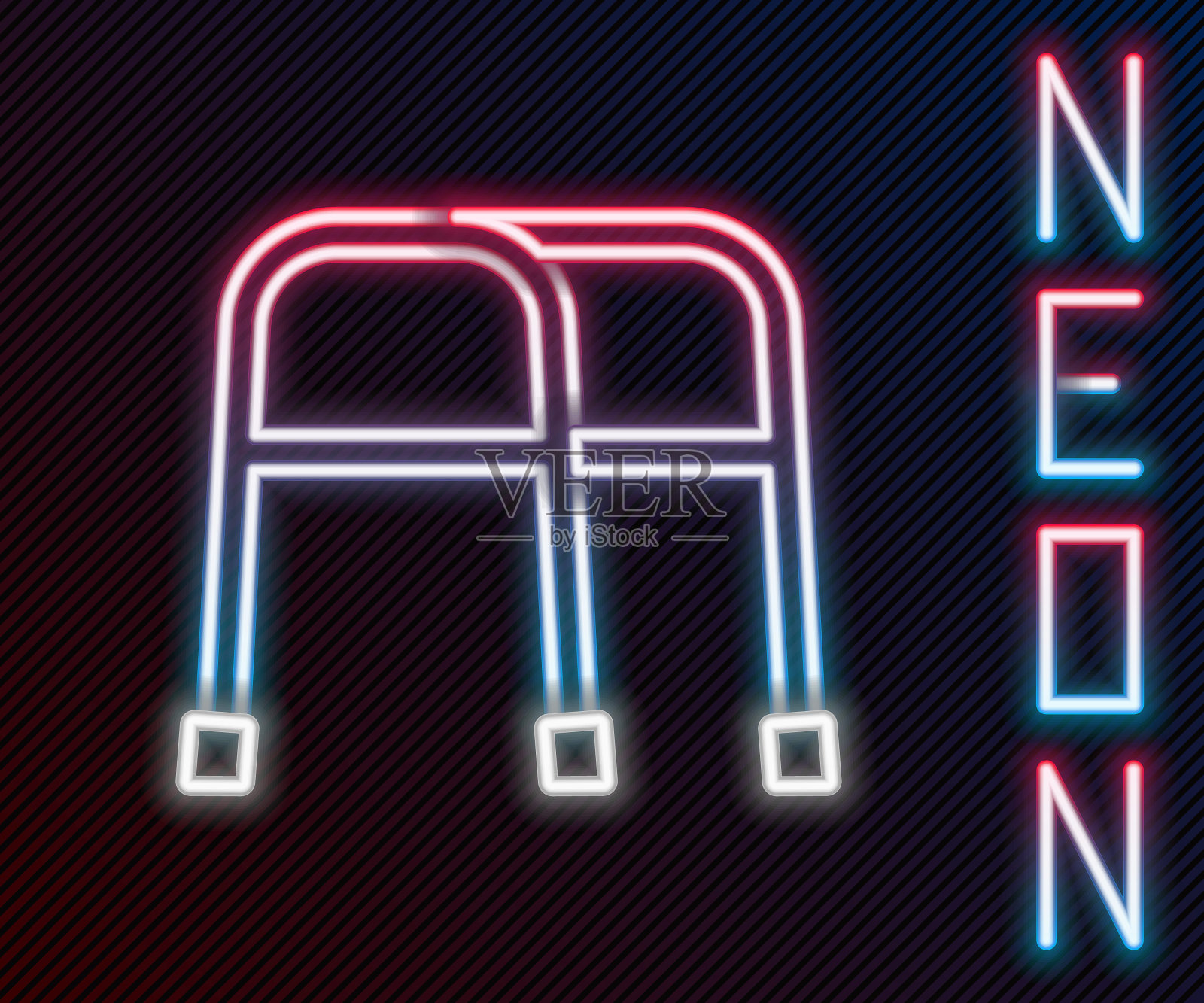 发光的霓虹灯线沃克为残疾人图标孤立的黑色背景。色彩缤纷的轮廓概念。向量插画图片素材