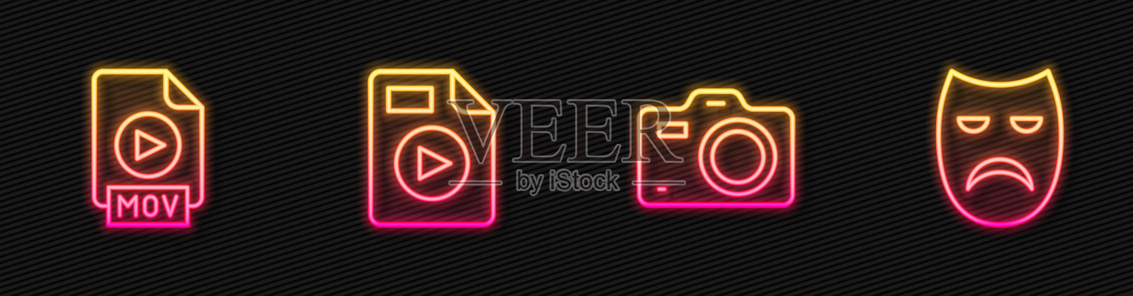 集摄影相机，MOV文件文件，AVI和戏剧戏剧面具。发光的霓虹灯图标。向量插画图片素材