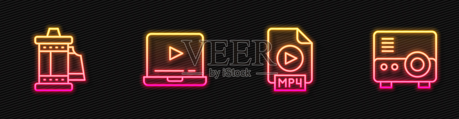 MP4文件、胶卷、在线视频与媒体投影仪发光霓虹灯图标插画图片素材