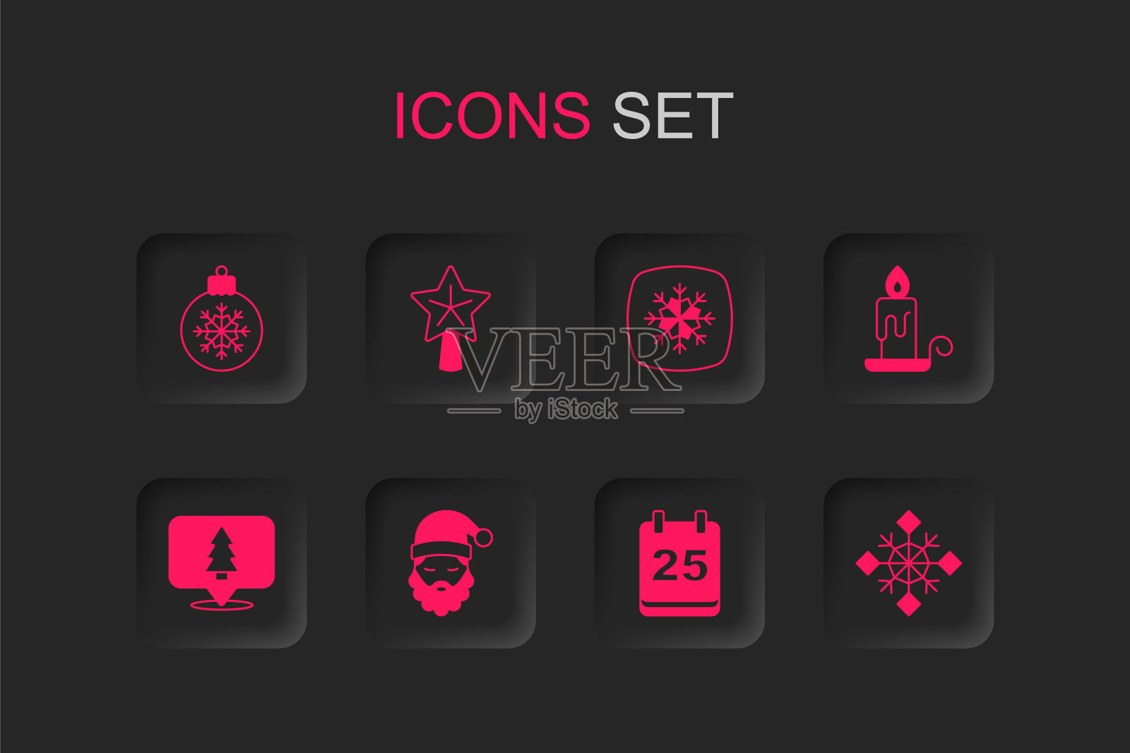 集圣诞老人的帽子和胡子，圣诞星，球，日日历，燃烧的蜡烛，雪花，和树的图标。向量插画图片素材