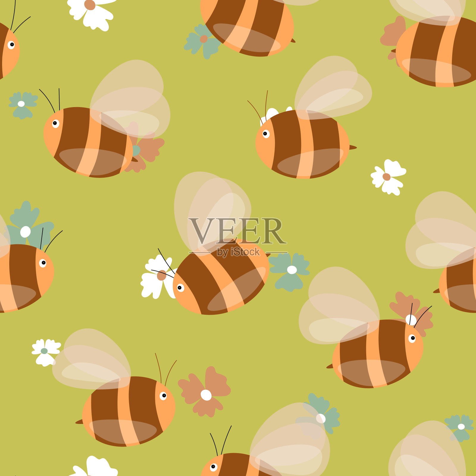 花卉背景上的蜜蜂无缝图案。小黄蜂。矢量插图。可爱的卡通人物。模板设计的邀请，卡片，纺织品，织物。涂鸦风格插画图片素材