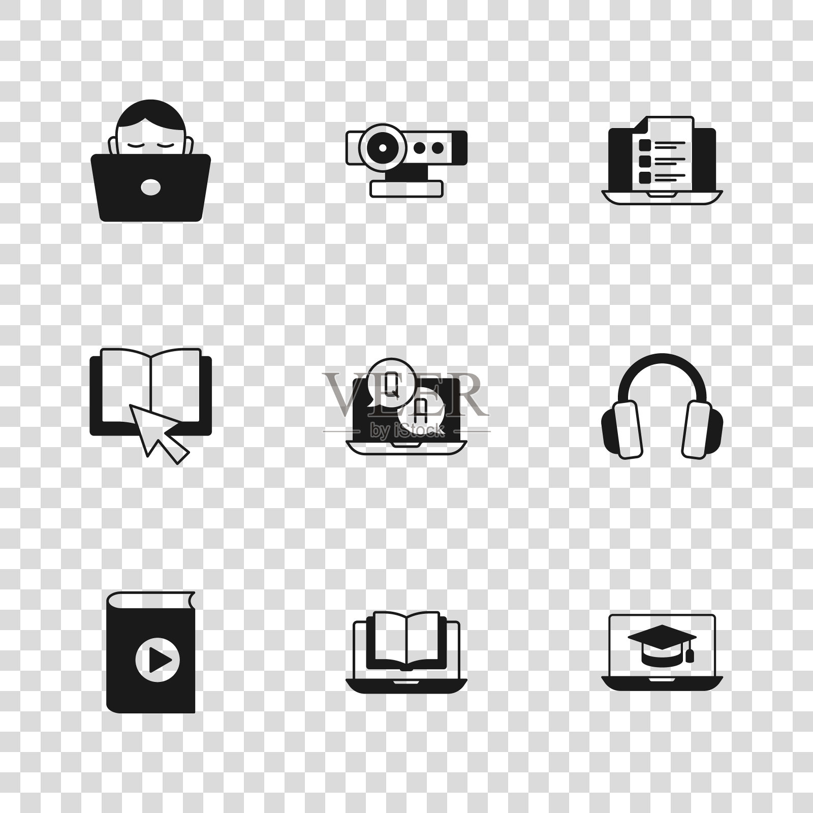 设置在线课程，耳机，毕业帽笔记本电脑，问答，测验，测试，调查，学生工作，网络摄像头和书籍图标。向量插画图片素材