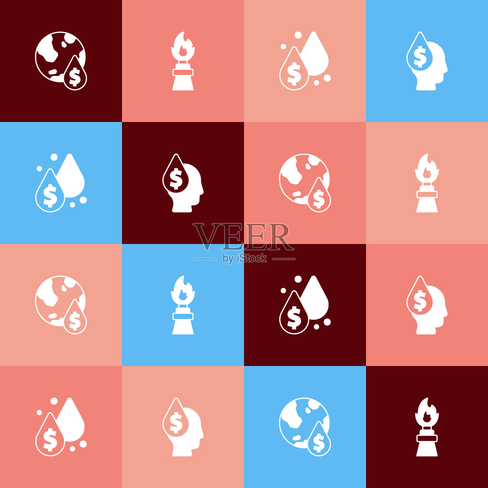 集流行艺术油滴与美元符号，钻机火，和图标。向量插画图片素材