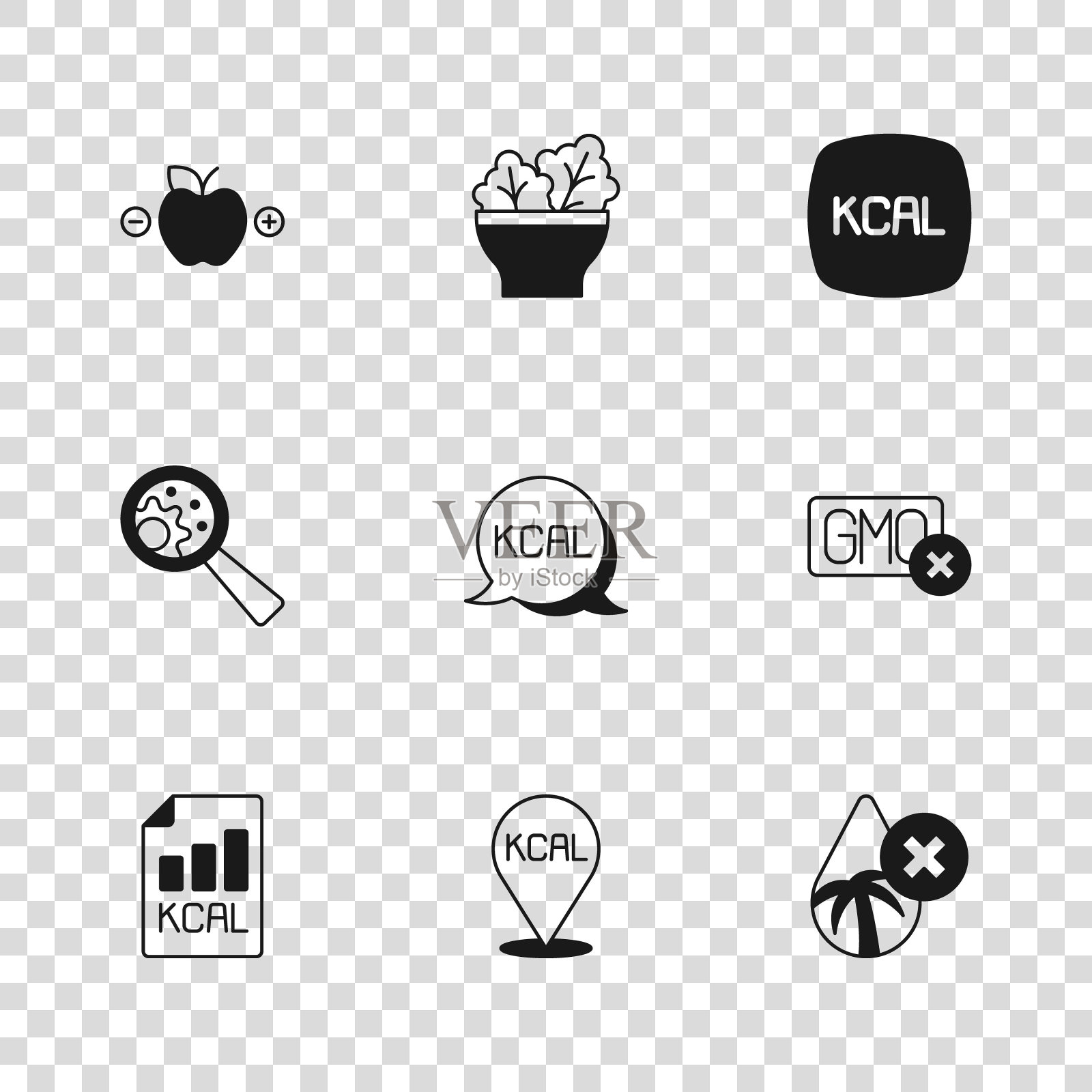 设定卡路里，无转基因，无棕榈油，卡路里计算器，沙拉在碗和图标。向量插画图片素材