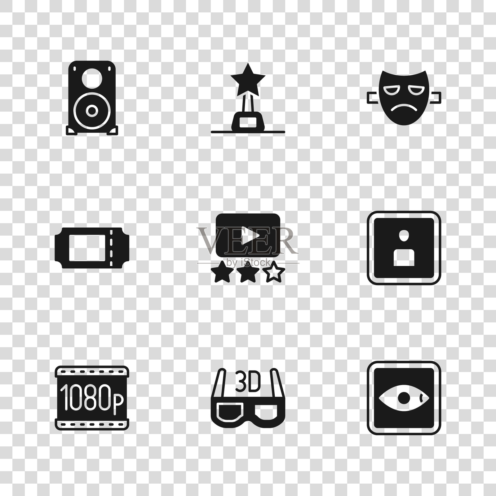 集3D电影眼镜，播放视频，评级电影，戏剧戏剧面具，立体声扬声器，电影奖杯和电影票图标。向量插画图片素材