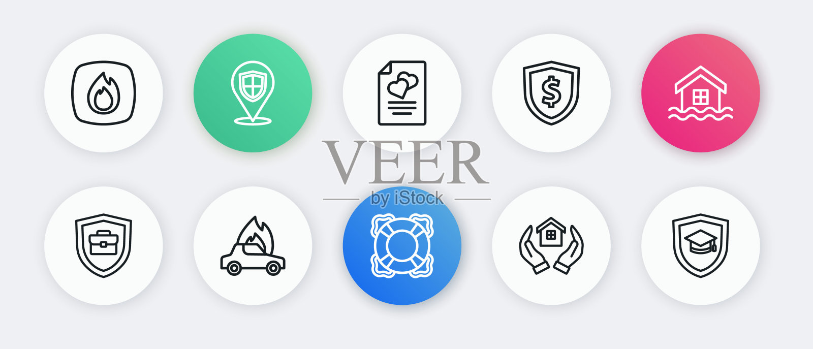 设置线救生圈，房子洪水，公文包与盾牌，在手中，盾牌美元，婚姻合同，毕业帽和燃烧的汽车图标。向量插画图片素材