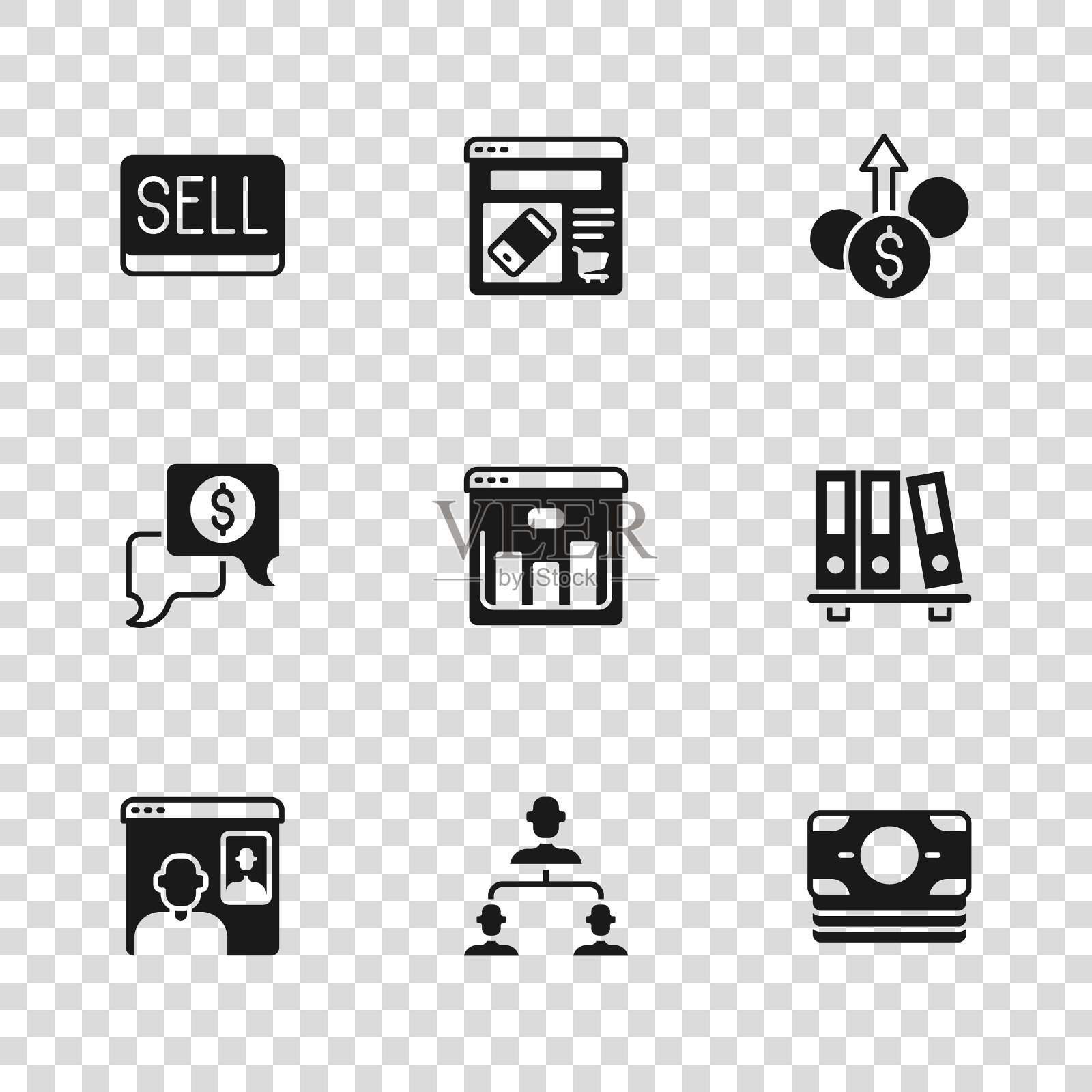 设置员工层次结构，办公文件夹，堆栈纸币现金，浏览器与股票市场，金融增长美元，出售按钮，网上购物屏幕和商务谈判图标。向量插画图片素材