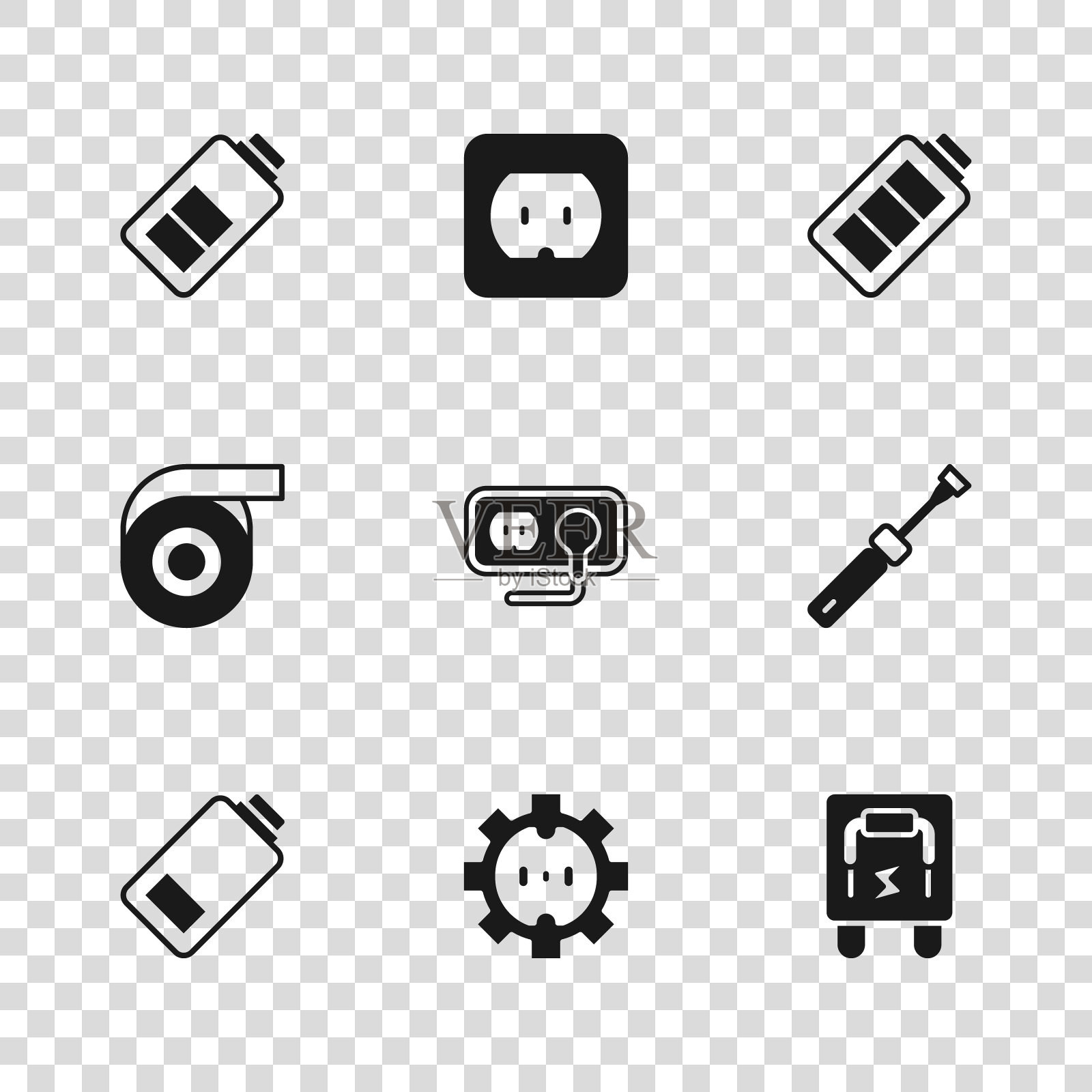 设置“电源插座”、“螺丝刀”、“面板”、“电池充电”和“卷胶带”图标。向量插画图片素材