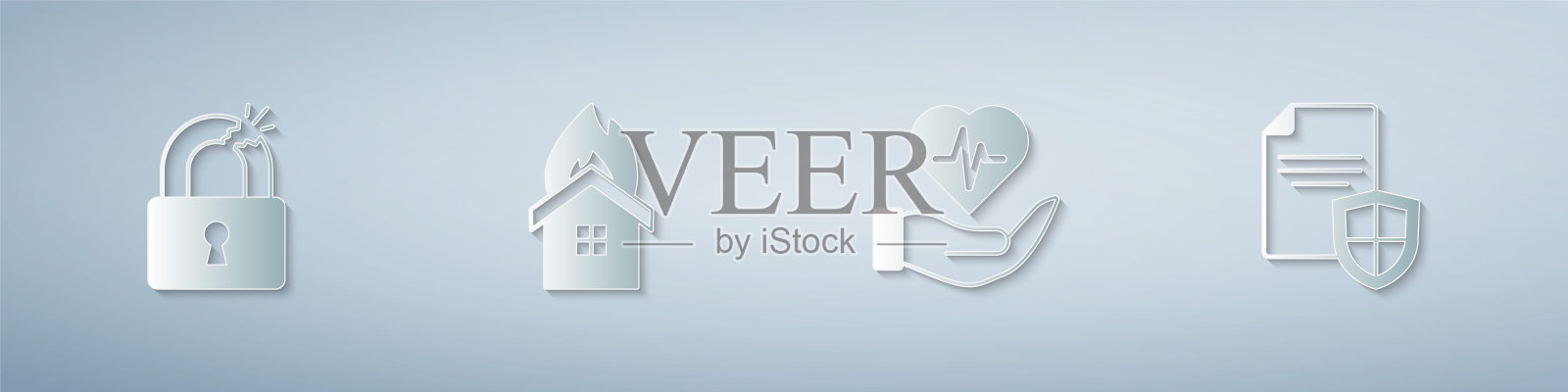 破损或破裂的锁、燃烧的房屋中的火灾、人寿保险之手和带盾牌的合同剪纸风格矢量图插画图片素材