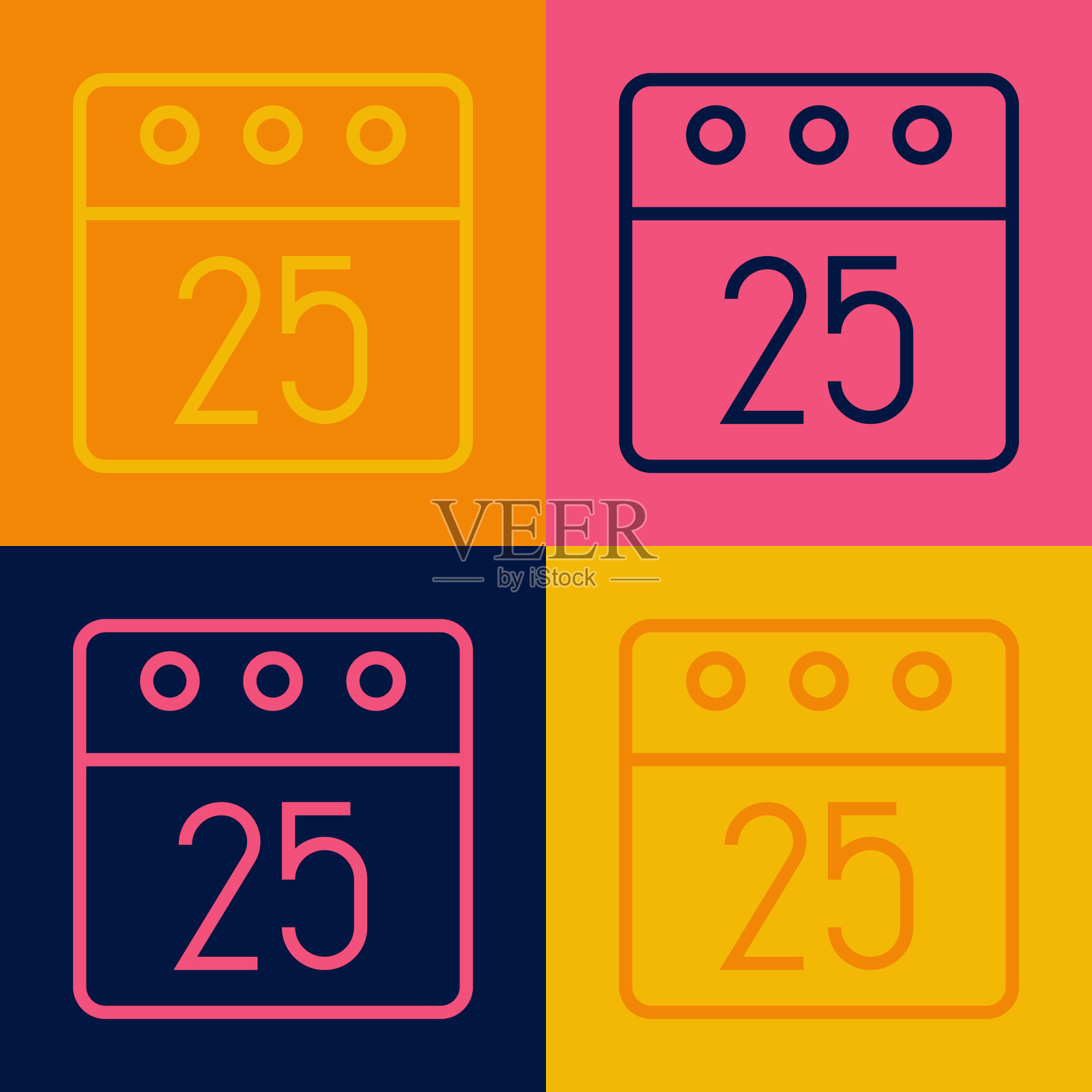 波普艺术线圣诞节日历图标孤立的彩色背景。事件提醒符号。圣诞快乐，新年快乐。向量插画图片素材