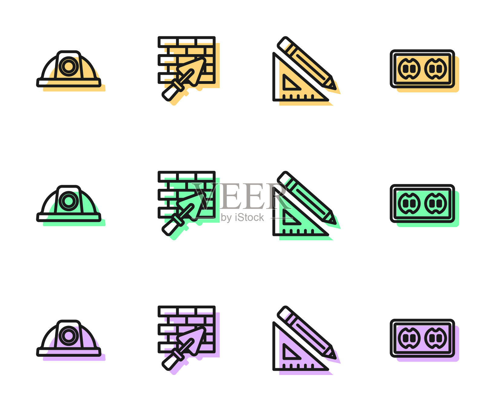 设置线三角尺和铅笔，工人安全帽，带抹刀的砖墙和电源插座图标。向量插画图片素材