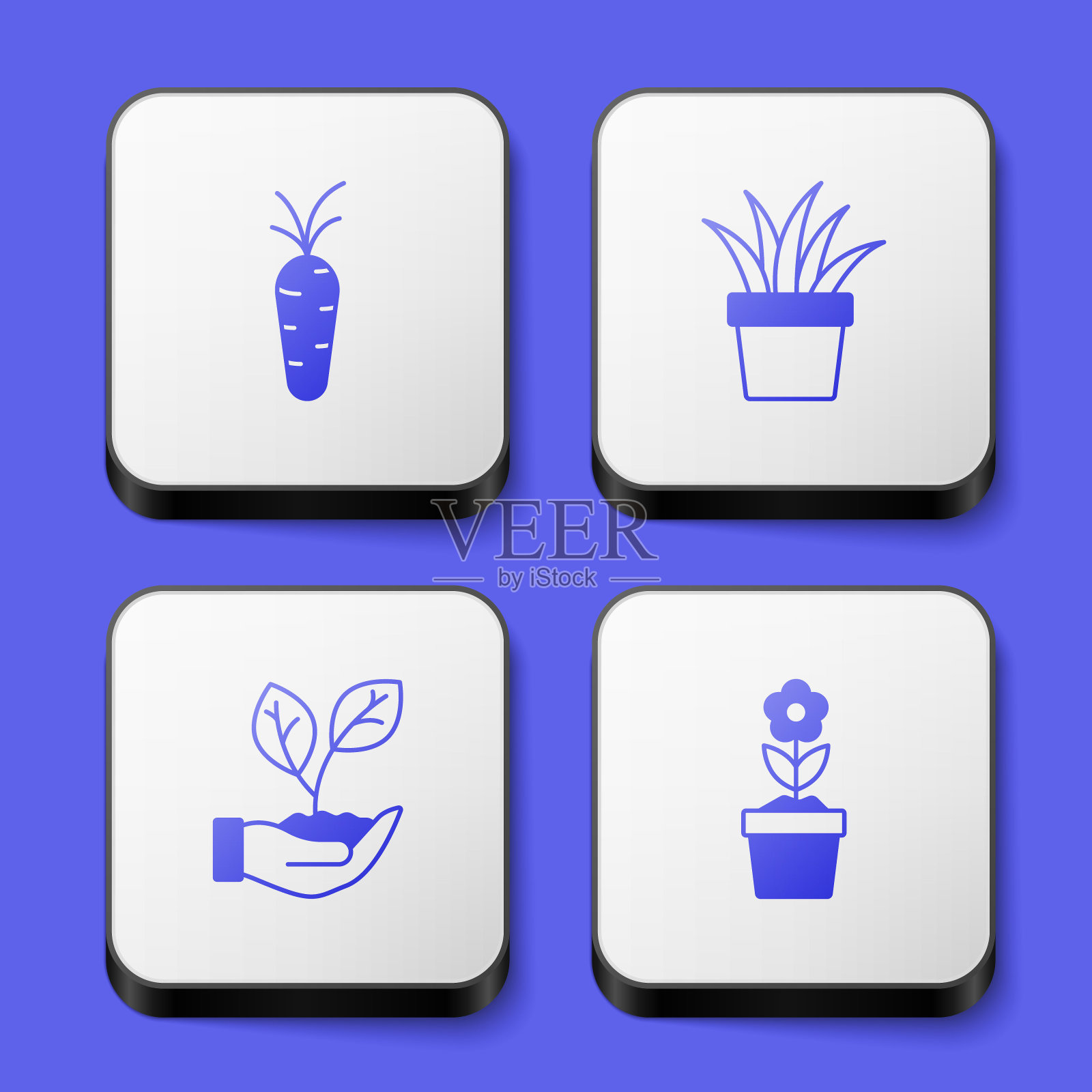 设置胡萝卜，植物在锅，叶手和花的图标。白色方形按钮。向量插画图片素材