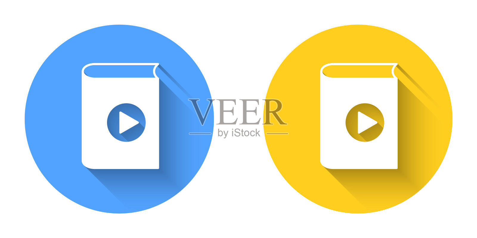 白色有声书图标与长阴影背景隔离。播放按钮和书。语音引导标志。在线学习概念。圆按钮。向量插画图片素材