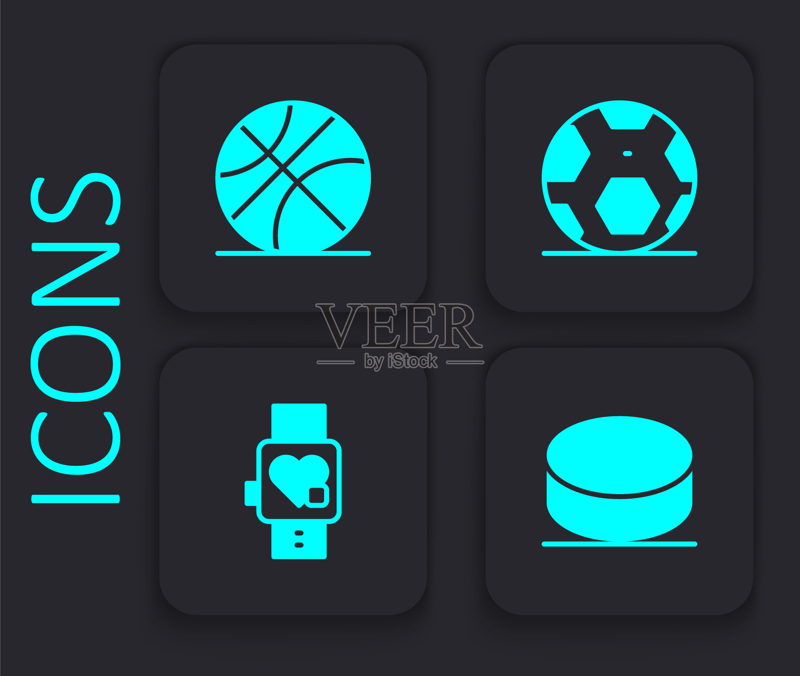 集冰球，篮球，足球和智能手表与心脏图标。黑色方形按钮。向量插画图片素材