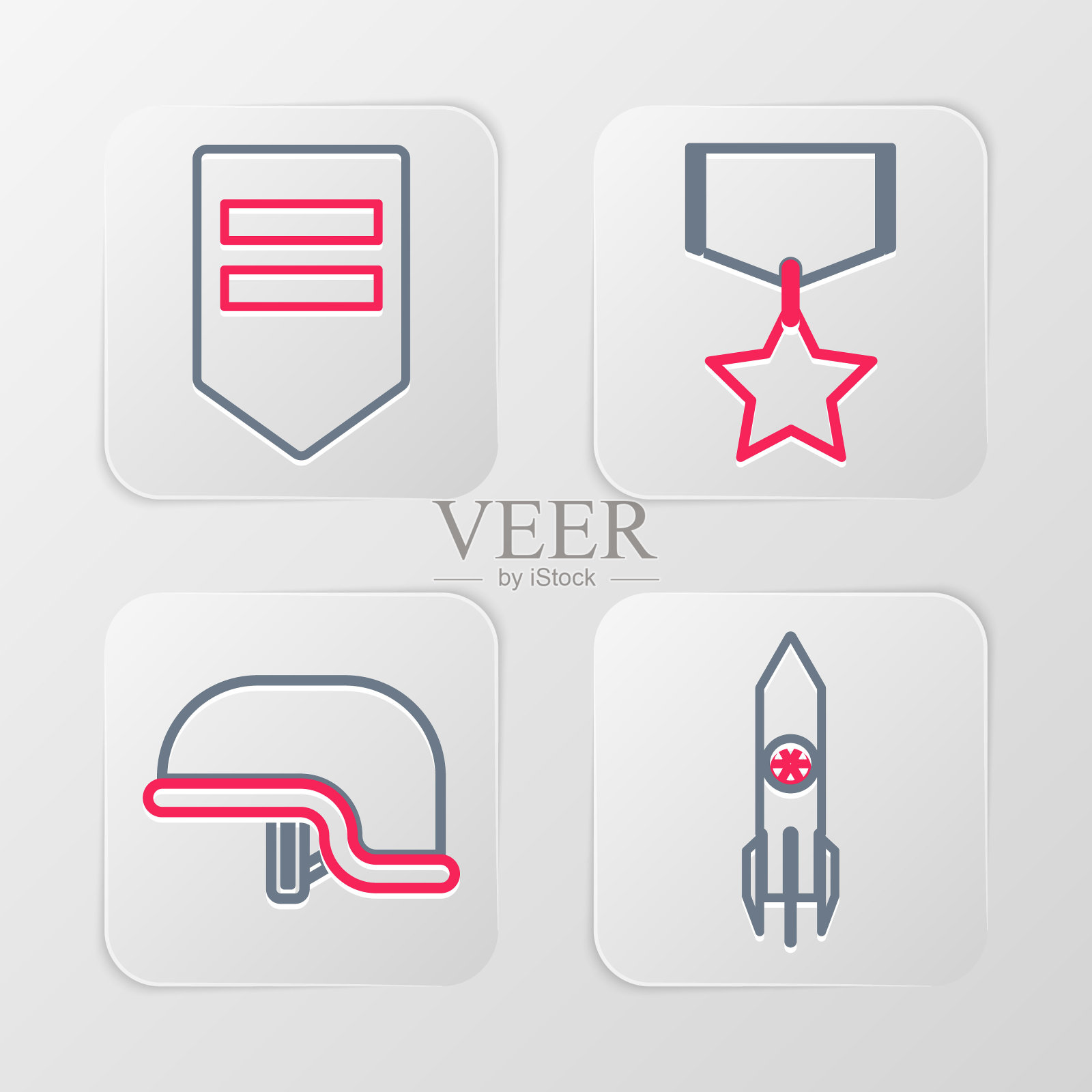 设置线核火箭，军用头盔，奖励奖章和雪佛龙图标。向量插画图片素材