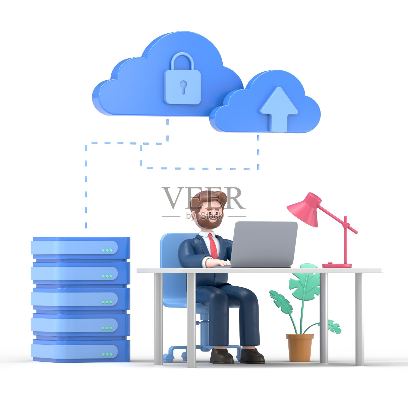 蓄着胡子的美国商人鲍勃的3D插图。云计算概念集。用于存储和处理数据的云服务服务器。博客、网站、手机应用、宣传材料。照片摄影图片