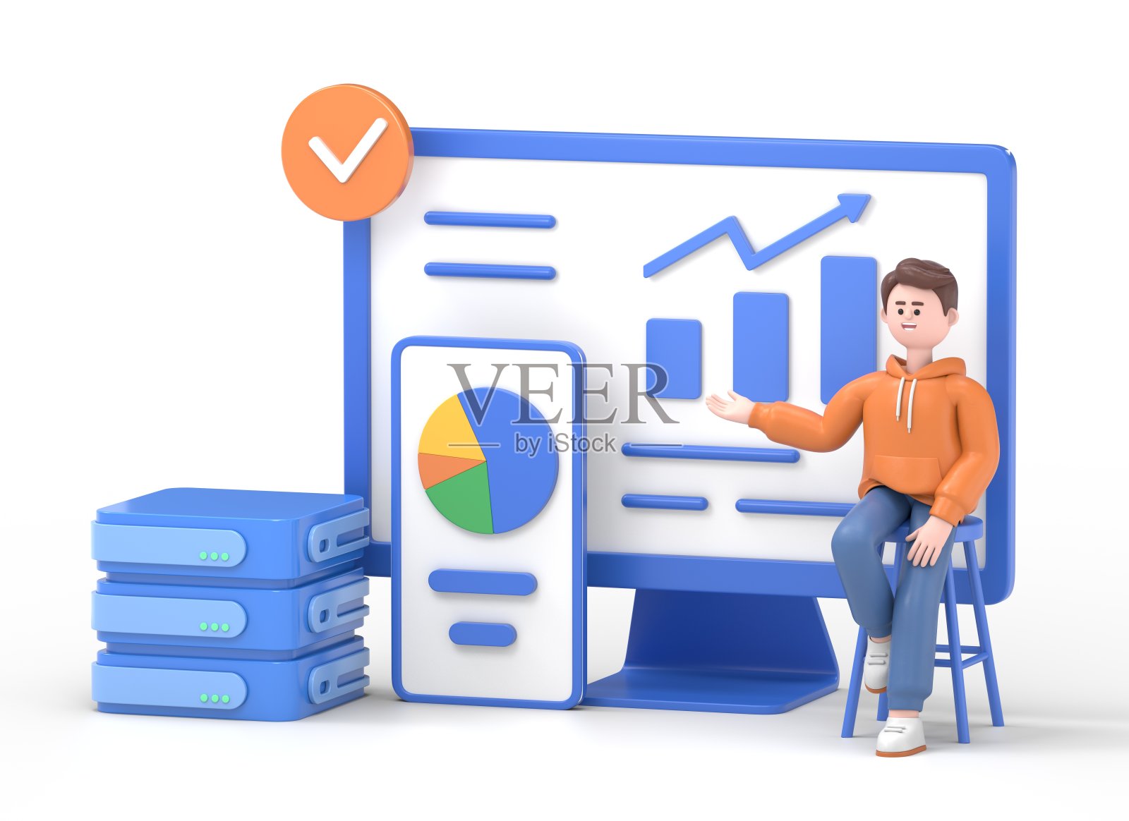 大数据和云计算集。Qadir使用远程服务器分析大量数据并识别错误的3D插图。可操作数据概念照片摄影图片