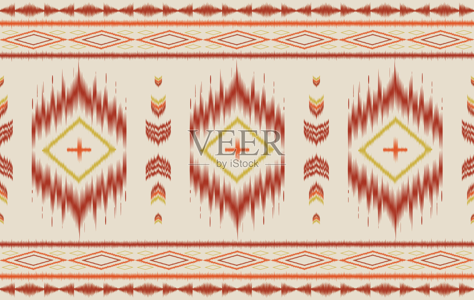 几何民族织物无缝图案丰富多彩。传统伊卡特民族风格矢量图案。专为背景，壁纸，地毯，服装，ikat图案，织物，刺绣，纺织艺术插画图片素材