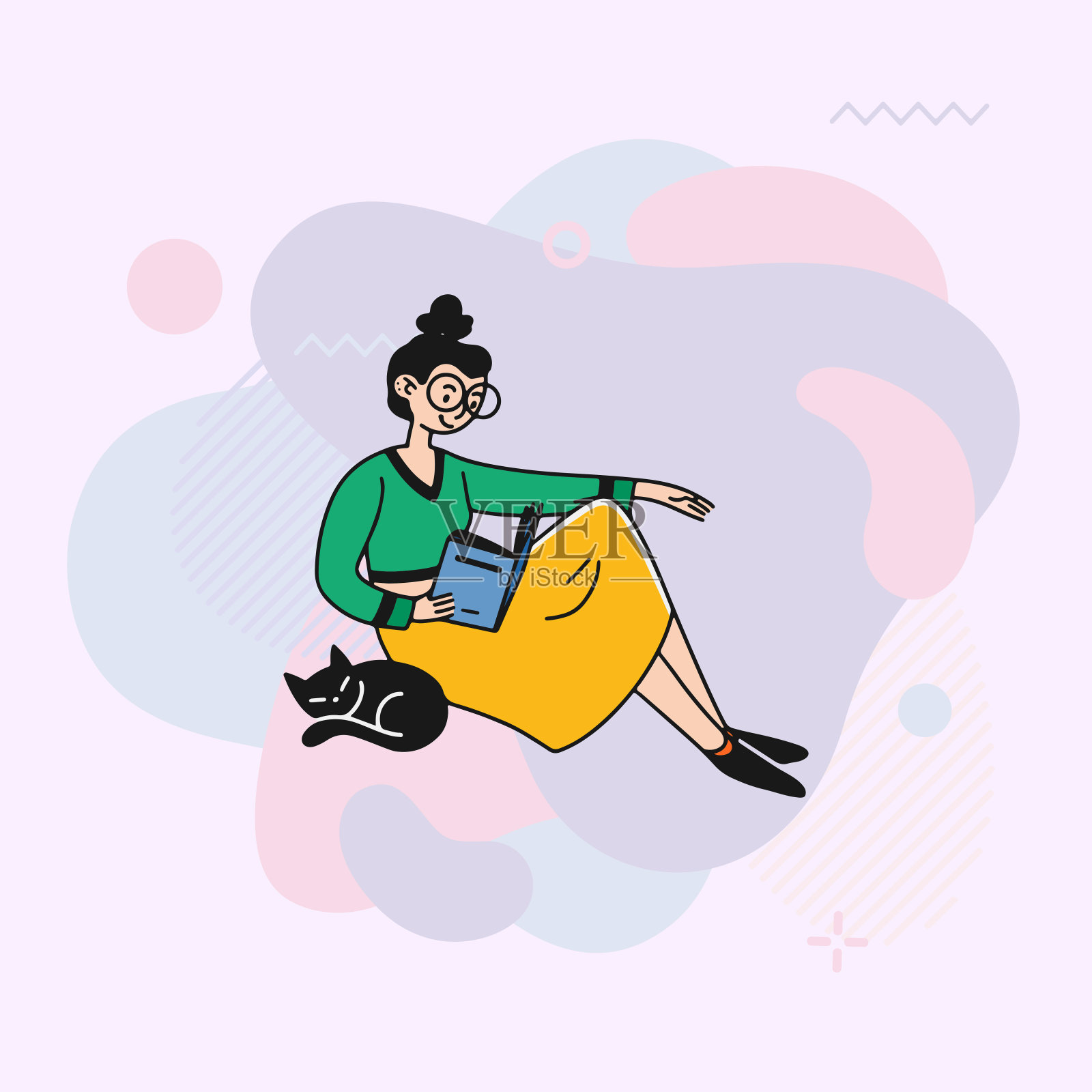 卡通宅女在家看书插画图片素材