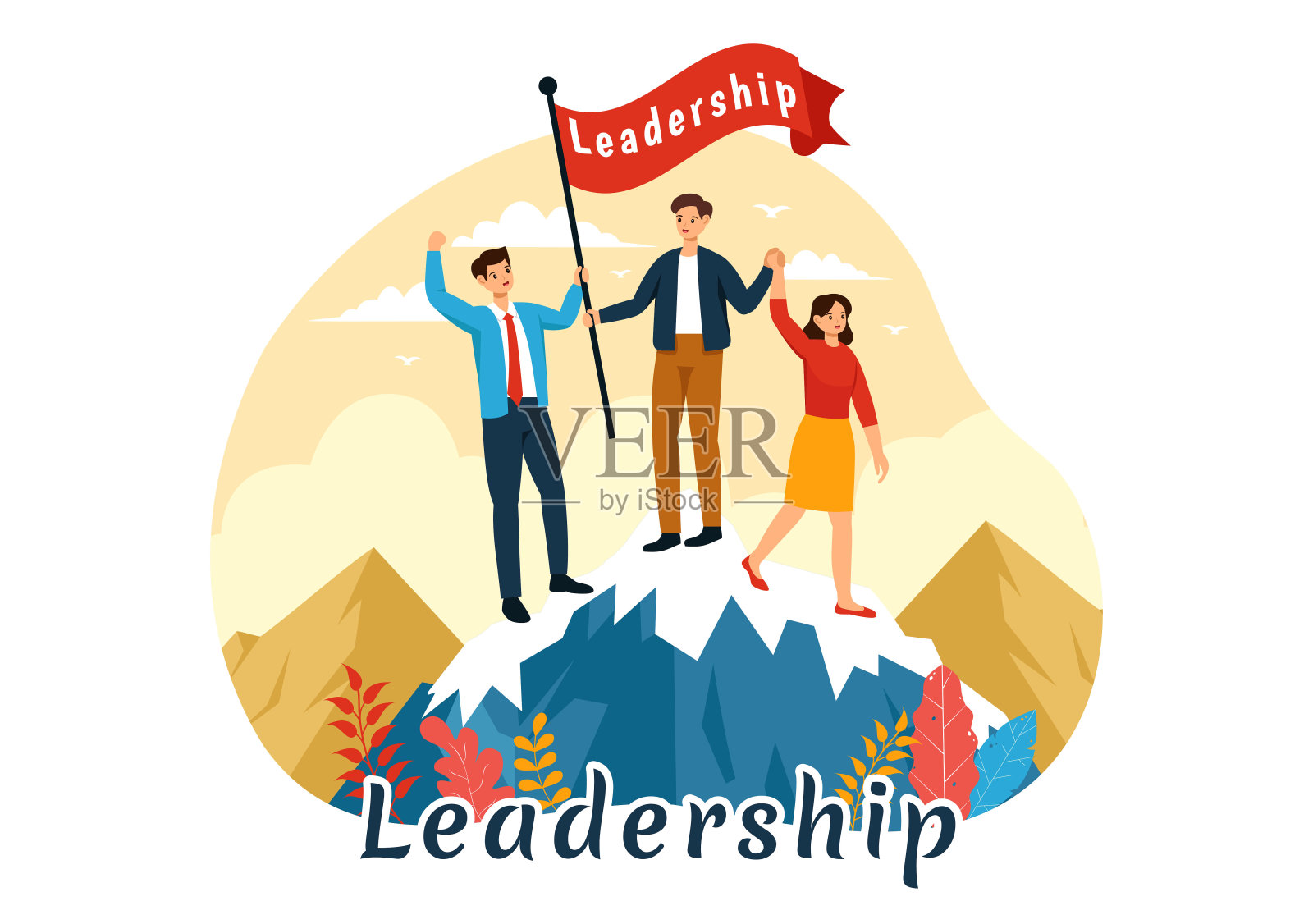 商业领导矢量插图与商人领袖帮助团队发展自己，在一个平坦的卡通背景下取得成功插画图片素材