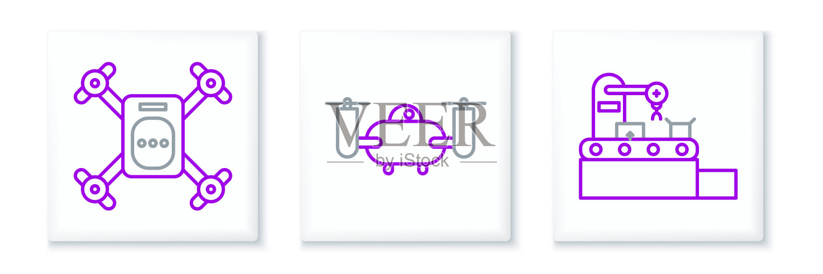 工厂设置流水线输送系统带，无人机飞行带有动作相机和图标。向量插画图片素材