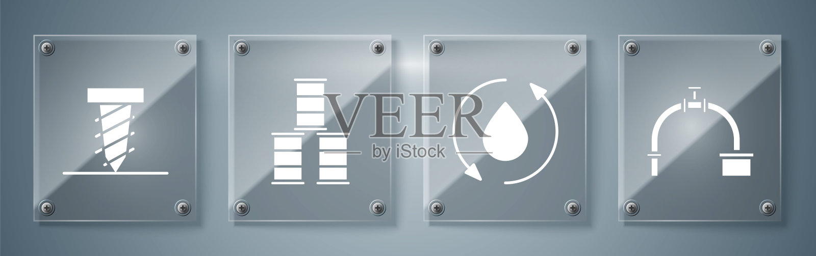 集工业管道、阀门、油滴、桶油、旋钻、挖孔于一体。方形玻璃板。向量插画图片素材