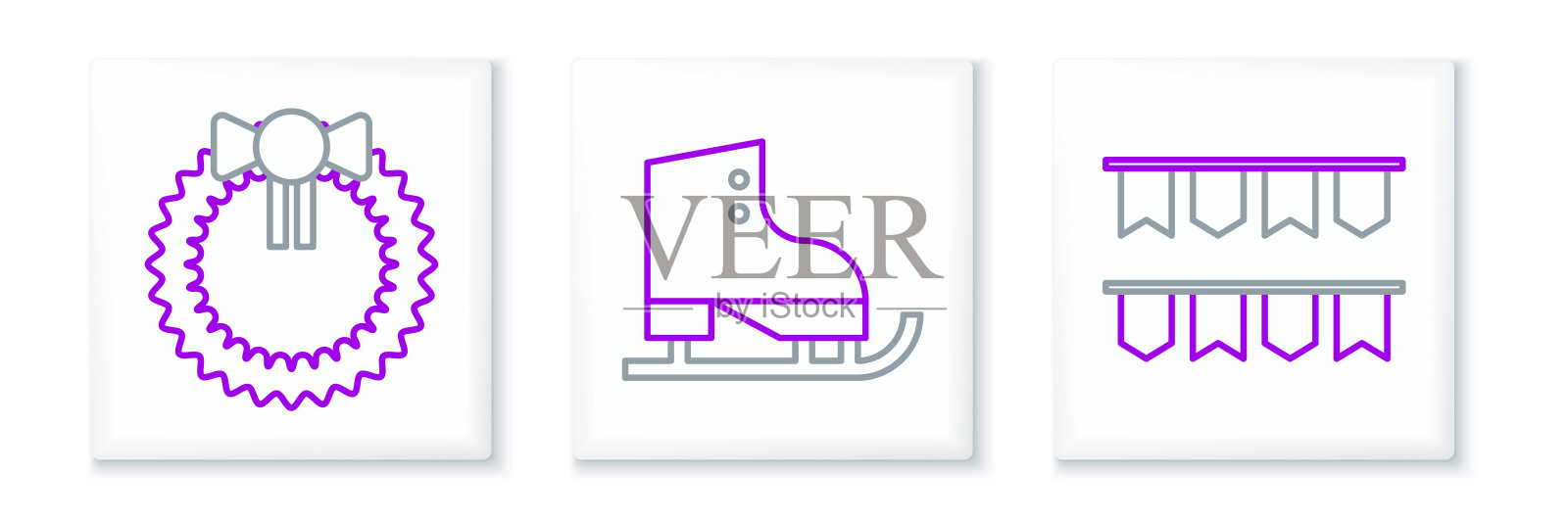 设置线嘉年华花环与旗帜，圣诞花环和花样滑冰的图标。向量插画图片素材