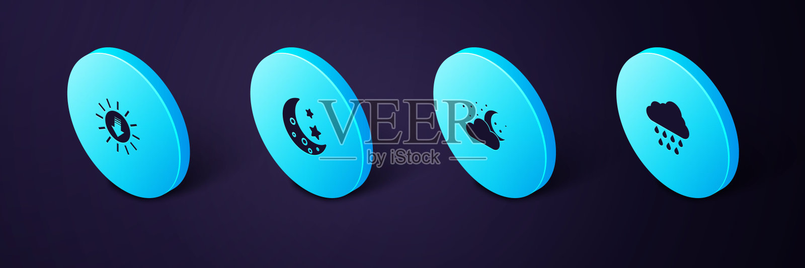 集等距云与雨，月亮和星星，月亮和日落图标。向量插画图片素材