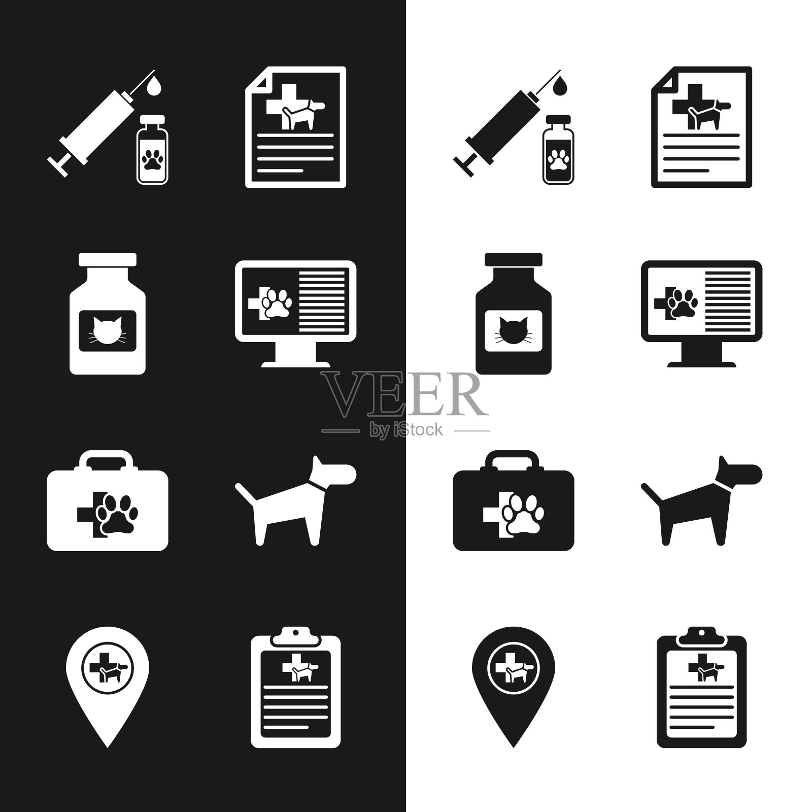 设置临床记录宠物监护仪，猫药瓶，疫苗注射器，狗猫医学证明，宠物急救箱和狗图标。向量插画图片素材