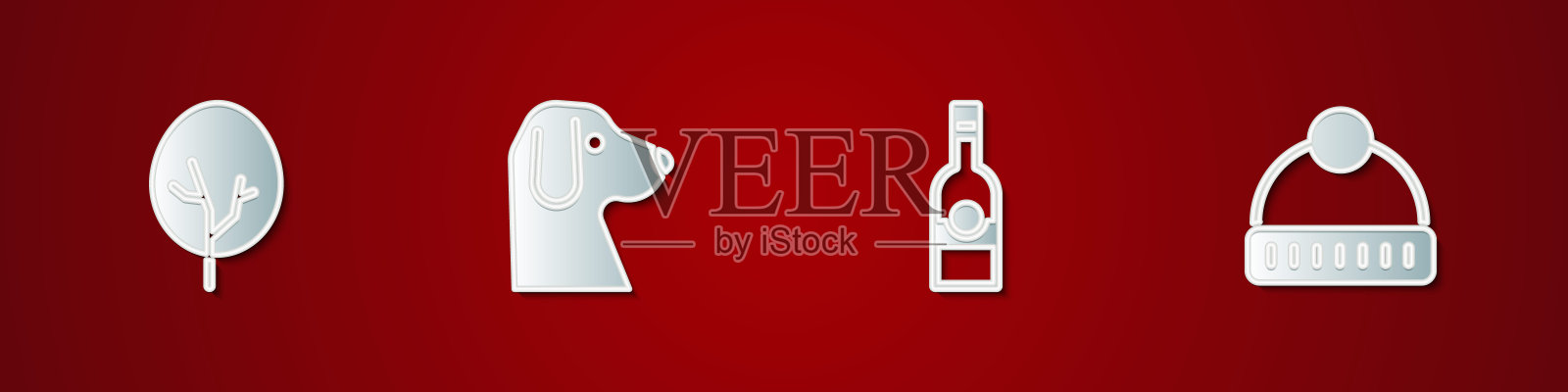 设置树，狗，伏特加酒瓶和冬季帽子图标。向量插画图片素材