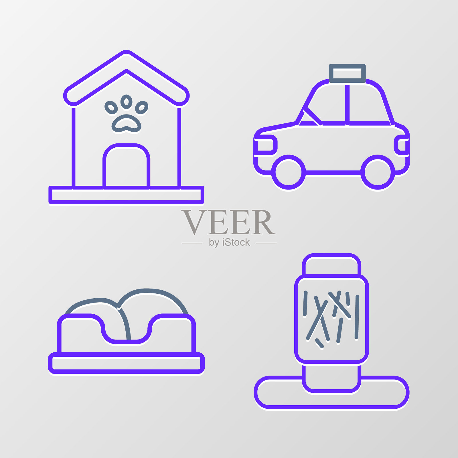 设置线猫抓后，宠物床，汽车出租车和狗屋和爪印图标。向量插画图片素材