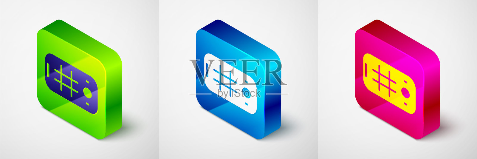 手机上的等距自拍图标孤立在灰色背景上。方形按钮。向量插画图片素材