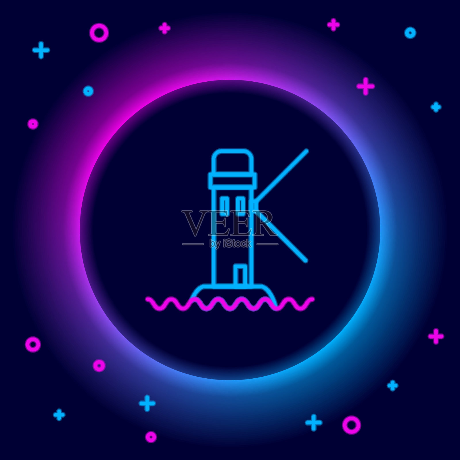 发光的霓虹线灯塔图标孤立的黑色背景。色彩缤纷的轮廓概念。向量插画图片素材