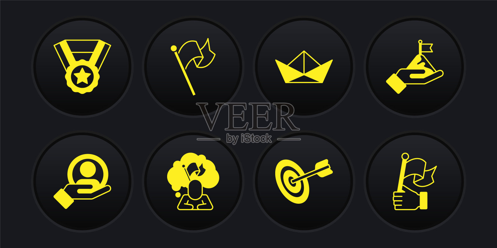 设置手搜索一个人，山与旗帜，男子持有，目标，折叠纸船，旗帜，和奖章图标。向量插画图片素材