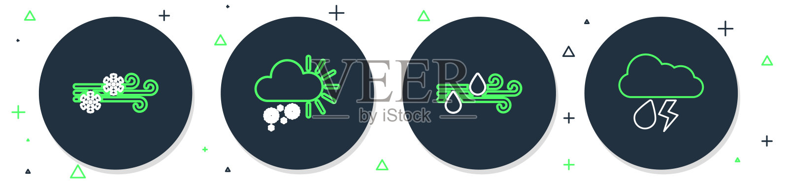 设置线多云与雪，风和雨，和闪电图标。向量插画图片素材