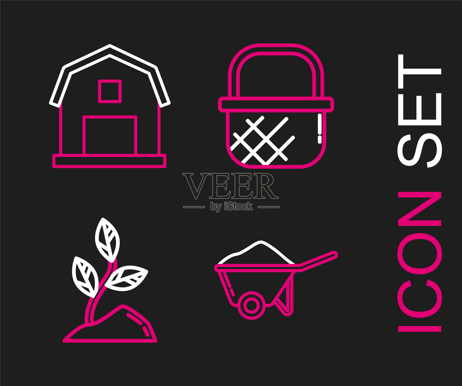 设置线手推车与泥土，萌芽，购物篮和农场的概念图标。向量插画图片素材