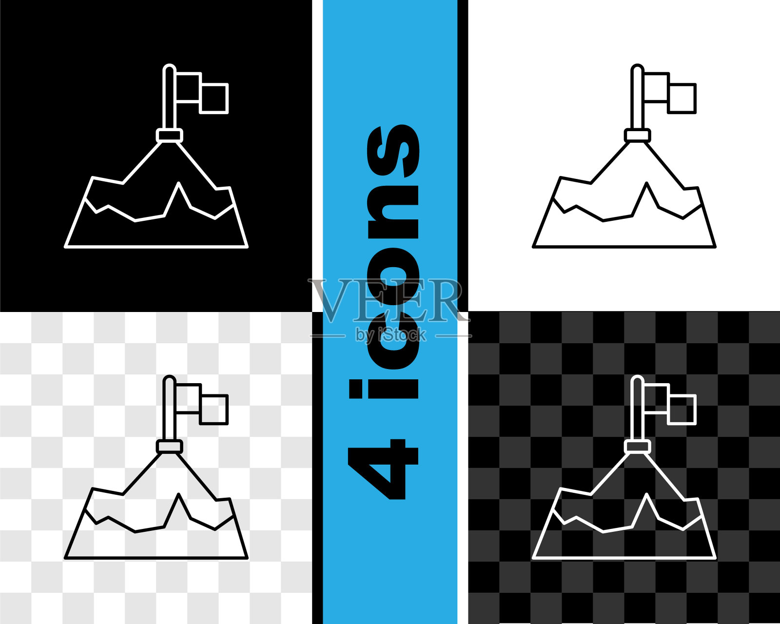 设置线山与旗帜在顶部图标孤立的黑色和白色，透明的背景。象征胜利或成功的概念。目标的成就。向量插画图片素材