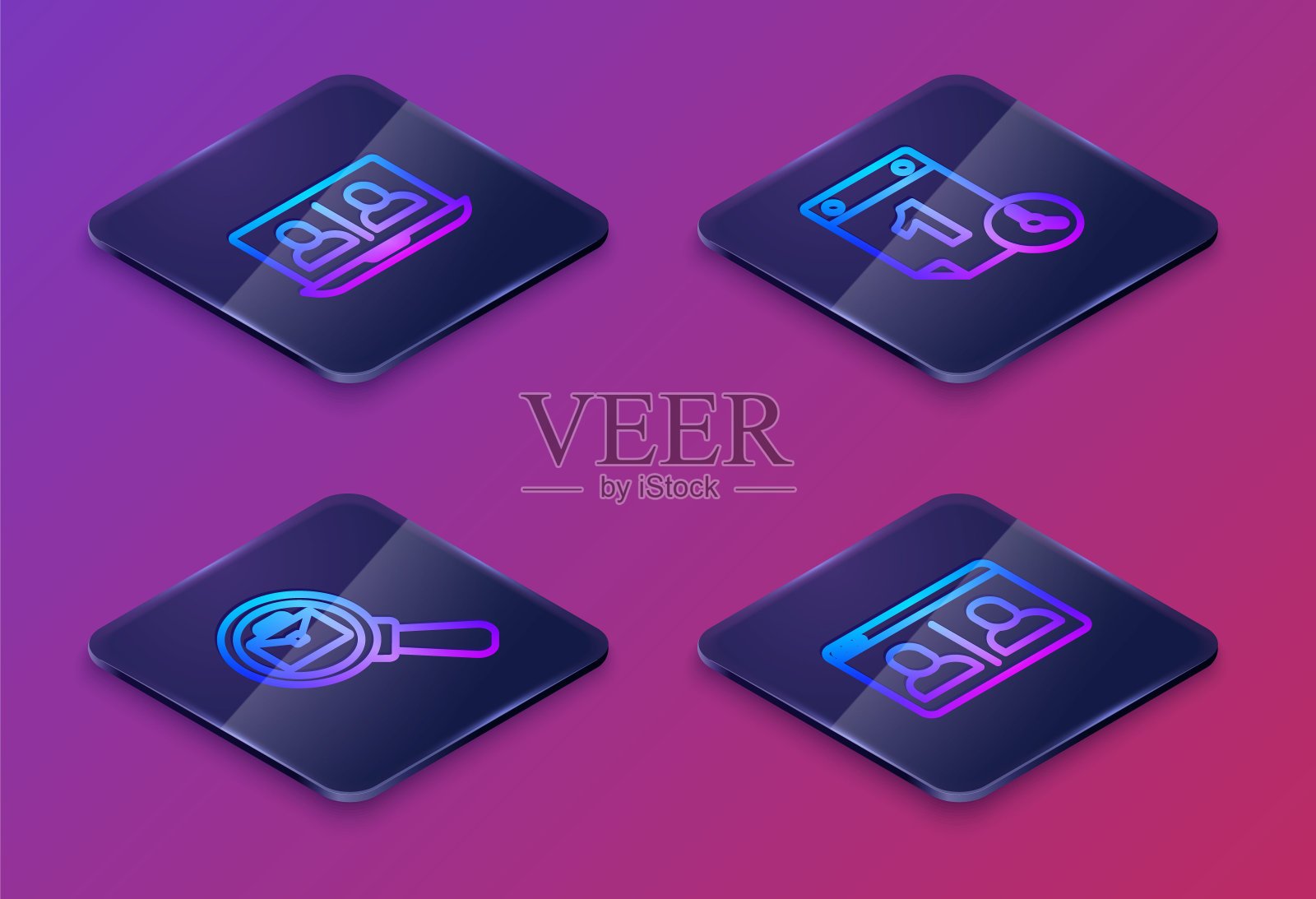 集等距线视频聊天会议，放大镜与公文包，时间管理和。蓝色方形按钮。向量插画图片素材