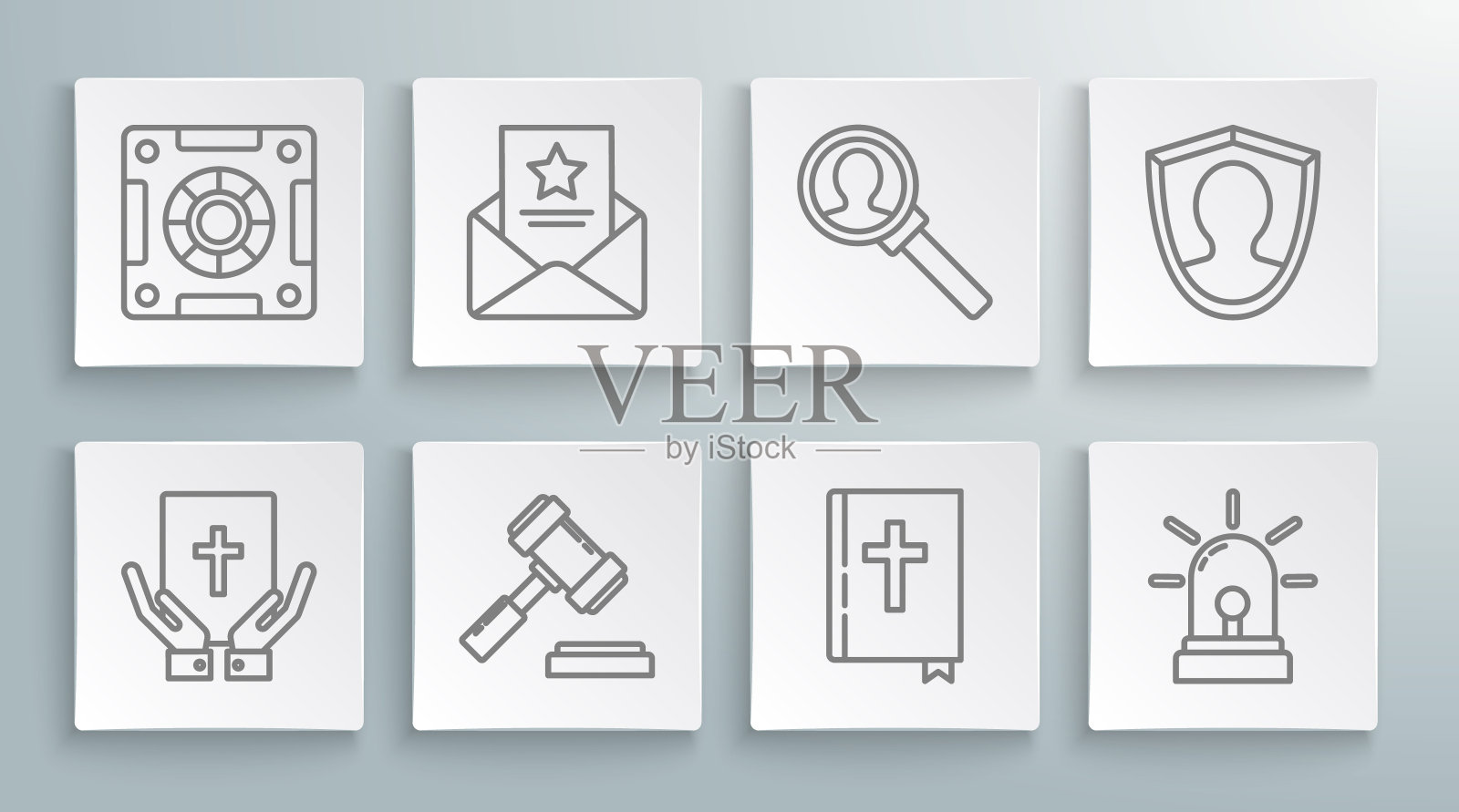 圣经誓词、逮捕令、法官 gavel、圣经、闪光警笛、放大镜、用户保护和安全图标矢量图插画图片素材